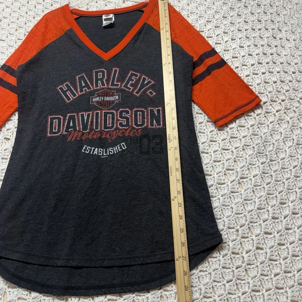 Harley Davidson Top Shirt Women Size L Black orange Motorcycle 3/4 Sleeve V Neck - Picture 6 of 10